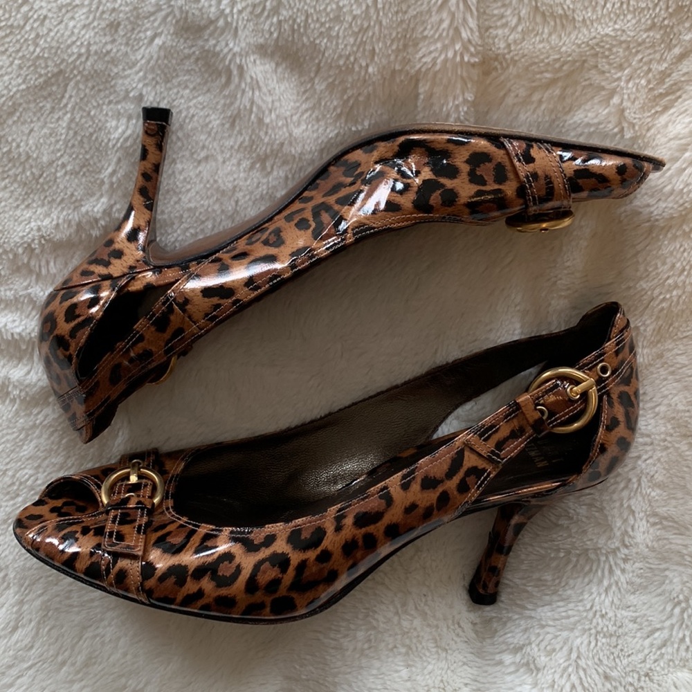 Stuart Weitzman Leopard Print Peep Toe Heels - image 3